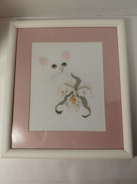 White Framed Needlepoint Cat & Flower Print in Pink Mat
